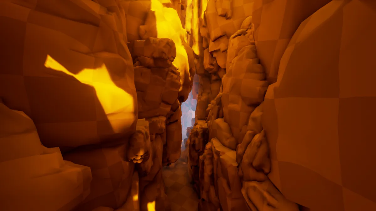 間接光の計算に関わる大きな断崖のジオメトリ。ライトマップのピクセルサイズが可視化されている。