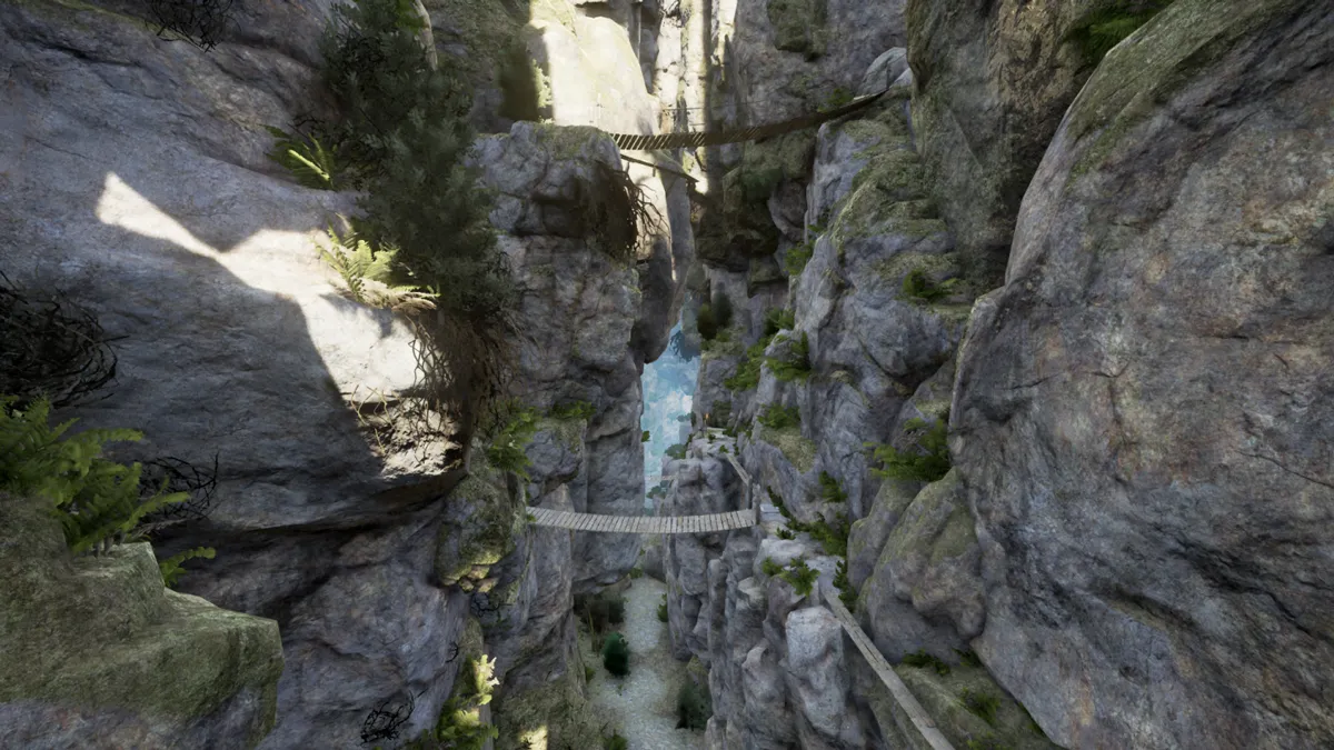 Dynamic direct light with skylight ambient term and no global illumination. Notice the lack of graduation between the gorge’s top and lower levels