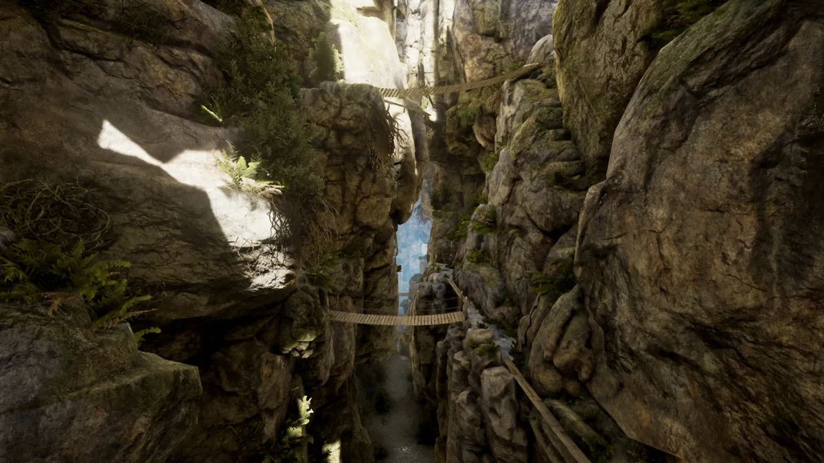 Gorge with global illumination. We get colour from the bounced sunlight and a light-to-dark graduation between top and bottom