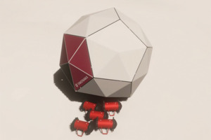 シミュレーター上でコンテナを運ぶ小型ロボット群のイメージ